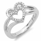 0.15 Carat (ctw) Sterling Silver Round White Diamond Ladies Promise Double Heart Love Engagement Ring