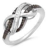 0.25 Carat (ctw) Sterling Silver Round & Baguette Cut Black & White Diamond Ladies Swirl Infinity Wedding Ring 1/4 CT