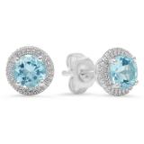 Sterling Silver Round Cut Aquamarine Ladies Bedded Frame Fashion Stud Earrings