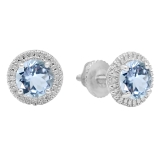 Sterling Silver Round Cut Aquamarine Ladies Bedded Frame Fashion Stud Earrings