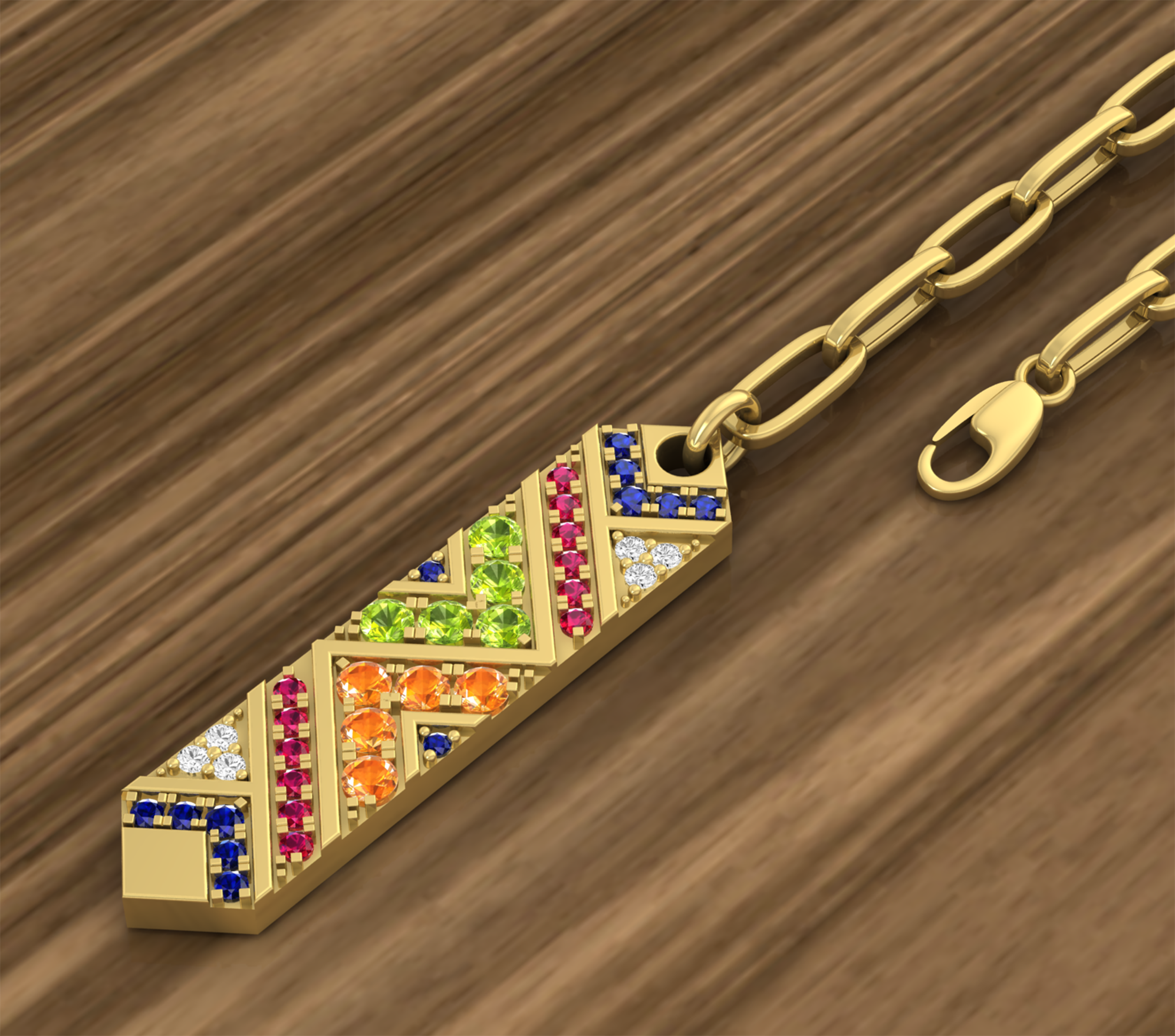 Round 5 Multi Gem Stone Long Vertical Bar Paperclip Gold Chain Pendant Necklace for Women in 18K Yellow Gold