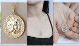 Round Champagne Diamond Accent Lion Greek Key Pendant with Gold Chain Necklace for Women in 925 Yellow Gold Plated Sterling Silver