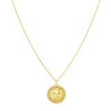 Round Champagne Diamond Accent Lion Greek Key Pendant with Gold Chain Necklace for Women in 10K Yellow Gold