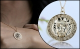 Round Champagne Diamond Accent Lion Greek Key Pendant with Gold Chain Necklace for Women in 10K Yellow Gold