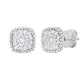 Round White Diamond Cushion Shaped Beaded Style Cluster Pushback Stud Earrings for Women (0.33 ctw Color I-J Clarity I1-I2) in 14K White Gold