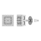 Round White Diamond Beaded Square Framed Pushback Stud Earrings (0.23 Ctw Color I-J Clarity I2-I3) for Women in 925 Sterling Silver