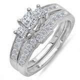 0.95 Carat (ctw) 14k White Gold Princess 3 Stone Diamond Ladies Engagement Bridal Ring Set Matching Band 1 CT