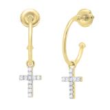 0.12 Carat (ctw) Round White Diamond Cross Charm Screwback Drop Earrings for Women in 14K Yellow Gold