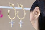 0.12 Carat (ctw) Round White Diamond Cross Charm Screwback Drop Earrings for Women in 14K Yellow Gold