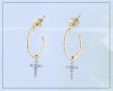 0.12 Carat (ctw) Round White Diamond Cross Charm Screwback Drop Earrings for Women in 14K Yellow Gold