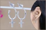 0.12 Carat (ctw) Round White Diamond Cross Charm Screwback Drop Earrings for Women in 925 Sterling Silver