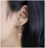 Round White Diamond Cross Drop Lever Back Men's & Women's (Unisex) Earring (1 pc) in 14K Yellow Gold
