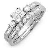 0.60 Carat (ctw) 10k White Gold Princess & Round Diamond Ladies Bridal Engagement Ring Set Matching Band