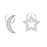 Round White Diamond Moon & Star Pushback Stud Earrings for Women (0.14 ctw Color I-J Clarity I2-I3) in 925 Sterling Silver