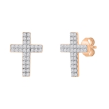 Double Row Round White Diamond Religious Cross Push Back Stud Earrings (0.19 Ctw Color I-J Clarity I2-I3) for Women in 10K Rose Gold