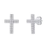Double Row Round White Diamond Religious Cross Push Back Stud Earrings (0.19 Ctw Color I-J Clarity I2-I3) for Women in 925 Sterling Silver