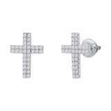Double Row Round White Diamond Religious Cross Screw Back Stud Earrings (0.19 Ctw Color I-J Clarity I2-I3) for Women in 925 Sterling Silver