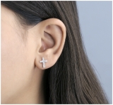 Double Row Round White Diamond Religious Cross Screw Back Stud Earrings (0.19 Ctw Color I-J Clarity I2-I3) for Women in 925 Sterling Silver