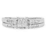0.60 Carat (ctw) 10k White Gold Princess & Round Diamond Ladies Bridal Engagement Ring Set Matching Band