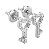 Round White Diamond Heart Key Screw-back Stud Earrings for Women (0.10 ctw Color I-J Clarity I2-I3) in 925 Sterling Silver