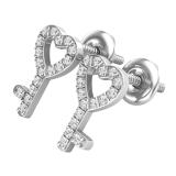 Round White Diamond Heart Key Screw-back Stud Earrings for Women (0.10 ctw Color I-J Clarity I2-I3) in 925 Sterling Silver