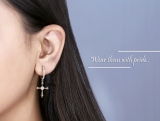2.5mm Each Centre Round White Diamond Beaded Edge Dangle Cross Unisex Hinged Post Hoop Earring (1 pc) in 14K Yellow Gold