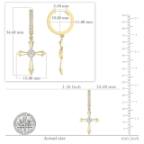 2.5mm Each Centre Round White Diamond Beaded Edge Dangle Cross Unisex Hinged Post Hoop Earring (1 pc) in 14K Yellow Gold