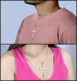 Round White Diamond Square Miligrain Edge Unisex Cross Pendant with 18 inch Silver Chain (1.60 ctw, Color I-J, Clarity I1-I2) in 14K Yellow Gold