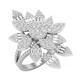 Baguette & Round White Diamond Articulating Floral Split Shank Cocktail Ring for Her (1.96 ctw, Color I-J, Clarity SI) in 14K White Gold