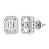 Round White Diamond Illusion Style Emerald Shape Stud Earrings for Women (0.16 ctw, Color I-J, Clarity I2-I3) in 10K White Gold in Screw Back