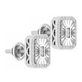 Round White Diamond Illusion Style Emerald Shape Stud Earrings for Women (0.16 ctw, Color I-J, Clarity I2-I3) in 10K White Gold in Screw Back