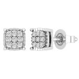 Round White Diamond 9 Stone Cushion Shaped Rectangular Grooved Stud Earrings for Women (0.10 ctw, Color I-J, Clarity I2-I3) in 925 Sterling Silver in Push Back