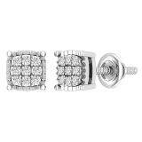 Round White Diamond 9 Stone Cushion Shaped Rectangular Grooved Stud Earrings for Women (0.10 ctw, Color I-J, Clarity I2-I3) in 925 Sterling Silver in Screw Back