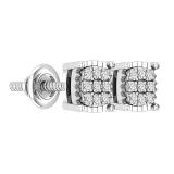 Round White Diamond 9 Stone Cushion Shaped Rectangular Grooved Stud Earrings for Women (0.10 ctw, Color I-J, Clarity I2-I3) in 925 Sterling Silver in Screw Back