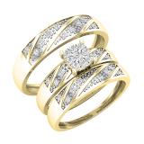 Round White Diamond Halo Cushion Head Matching Wedding Trio Ring Set for Men & Women (0.32 ctw, Color I-J, Clarity I1-I2) in 18K Yellow Gold