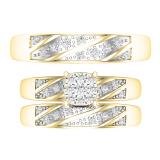 Round White Diamond Halo Cushion Head Matching Wedding Trio Ring Set for Men & Women (0.32 ctw, Color I-J, Clarity I1-I2) in 18K Yellow Gold