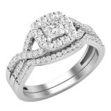 4mm Princess & Round White Diamond Entwined Cushion Shape Halo Wedding Ring Set for Her (1.00 ctw, Color I-J, Clarity I2-I3) in 925 Sterling Silver
