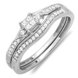 0.25 Carat (ctw) 10k White Gold Princess & Round Diamond Ladies Bridal Promise Wedding Ring Set with Matching Band 1/4 CT