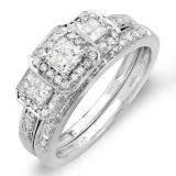 1.00 Carat (ctw) 14k White Gold Round & Princess Cut 3 Stone Diamond Ladies Engagement Ring Matching Band Set