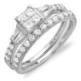 Certified 1.00 Carat (ctw) 14k White Gold Princess & Round Diamond Ladies Bridal Engagement Ring Matching Band Wedding Set
