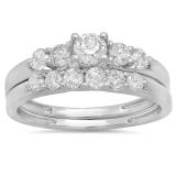1.00 Carat (ctw) 14k White Gold Round Diamond Ladies Bridal 5 Stone Engagement Ring Matching Band Wedding Set