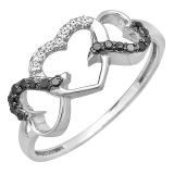 0.15 Carat (ctw) 14k White Gold Round Black and White Diamond Ladies Promise Three Heart Infinity Love Engagement Ring