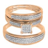 0.50 Carat (ctw) 10k Rose Gold Round Diamond Men's & Women's Micro Pave Engagement Ring Trio Bridal Wedding Band Set 1/2 CT