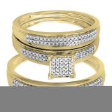 0.50 Carat (ctw) 10K Yellow Gold Round Diamond Men's & Women's Micro Pave Engagement Ring Trio Bridal Wedding Band Set 1/2 CT