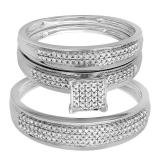 0.50 Carat (ctw) 10k White Gold Round Diamond Men's & Women's Micro Pave Engagement Ring Trio Bridal Wedding Band Set 1/2 CT