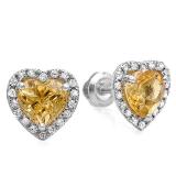 1.75 Carat (ctw) 10K White Gold Heart Shape Citrine & Round Cut Diamond Ladies Halo Stud Earrings