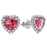 1.65 Carat (ctw) 18K White Gold Heart Cut Pink Tourmaline & Round White Diamond Ladies Heart Shaped Halo Stud Earrings