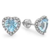2.25 Carat (ctw) 10K White Gold Heart Shape Blue Topaz & Round Cut Diamond Ladies Halo Stud Earrings