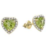 1.65 Carat (ctw) 14K Yellow Gold Heart Cut Green Peridot & Round Diamond Ladies Halo Stud Earrings