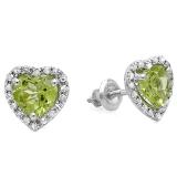 1.65 Carat (ctw) 10k White Gold Heart Cut Green Peridot & Round Diamond Ladies Halo Stud Earrings